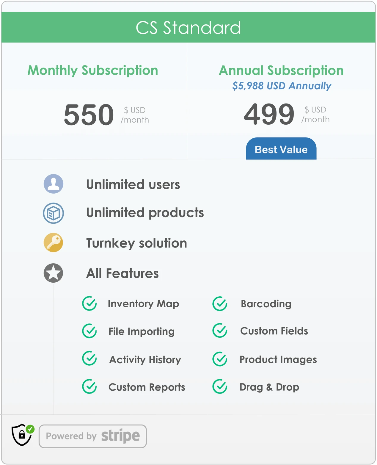 pricing plan for CyberStockroom Inventory Management Software - CS Standard.